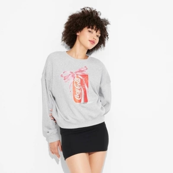 NEW Coca-Cola W/ Bow Graphic Gray Sweatshirt Oversized Womens XS - Picture 1 of 4